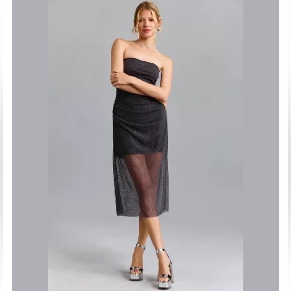 NEW By Anthropologie Sheer Ruched Shimmer Dress XL Grey